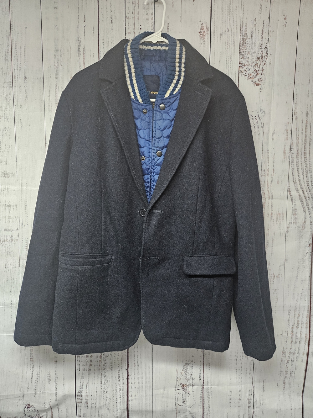 Zara Navy Wool-Blend Pea Coat with Quilted Blue Inner Jacket